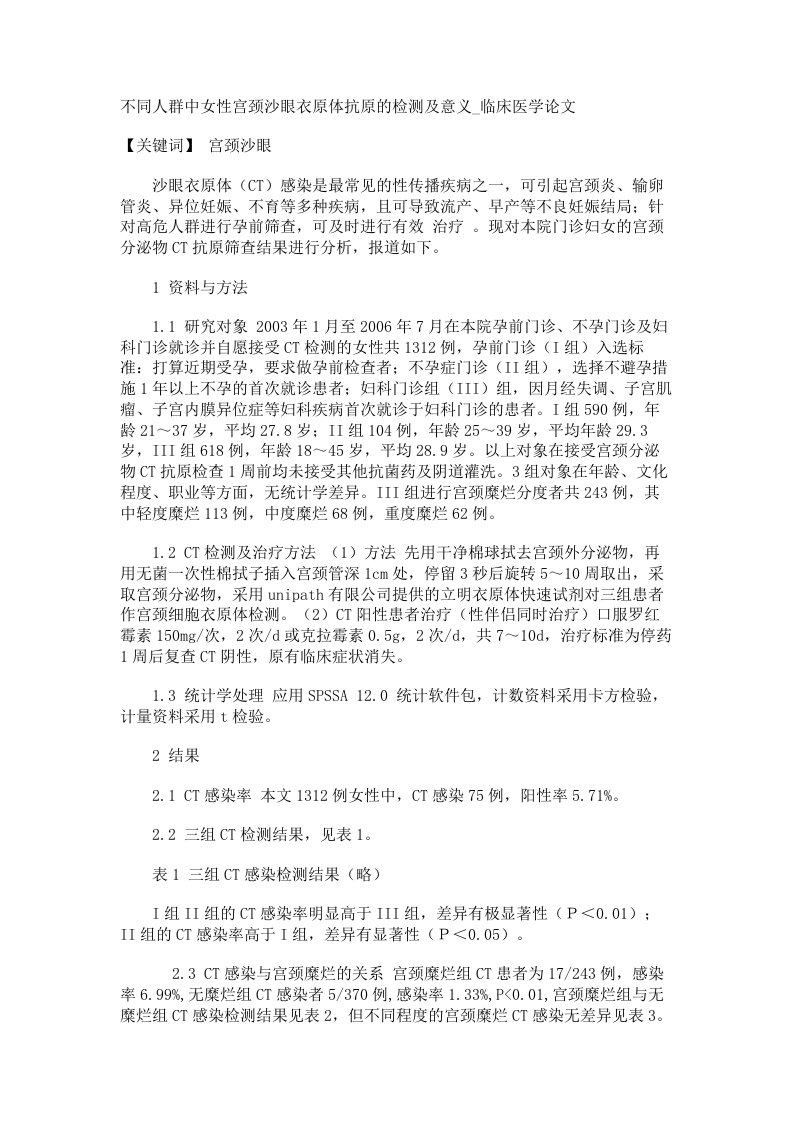 不同人群中女性宫颈沙眼衣原体抗原的检测及意义临床医学论文