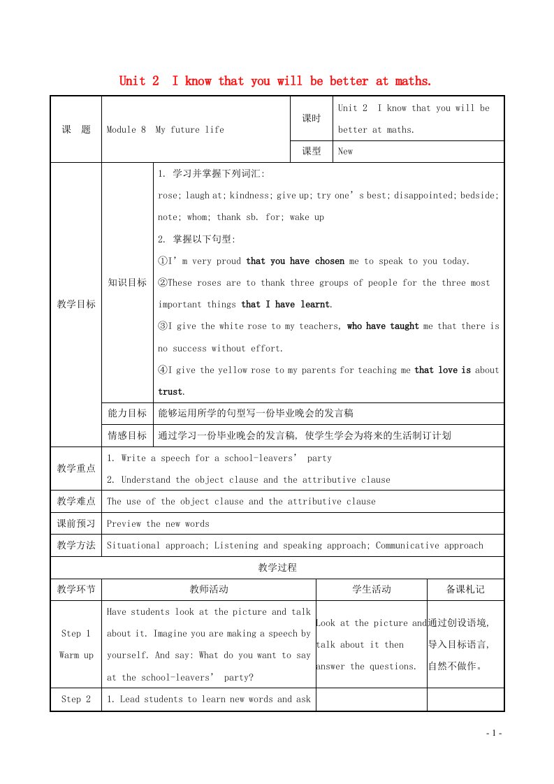 2021秋九年级英语下册Module8MyfuturelifeUnit2Iknowthatyouwillbebetteratmaths教案新版外研版