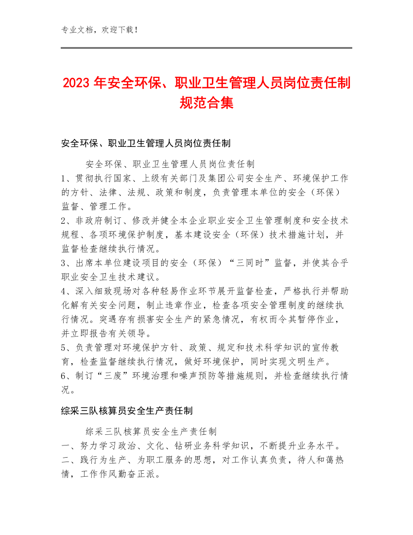 2023年安全环保、职业卫生管理人员岗位责任制规范合集