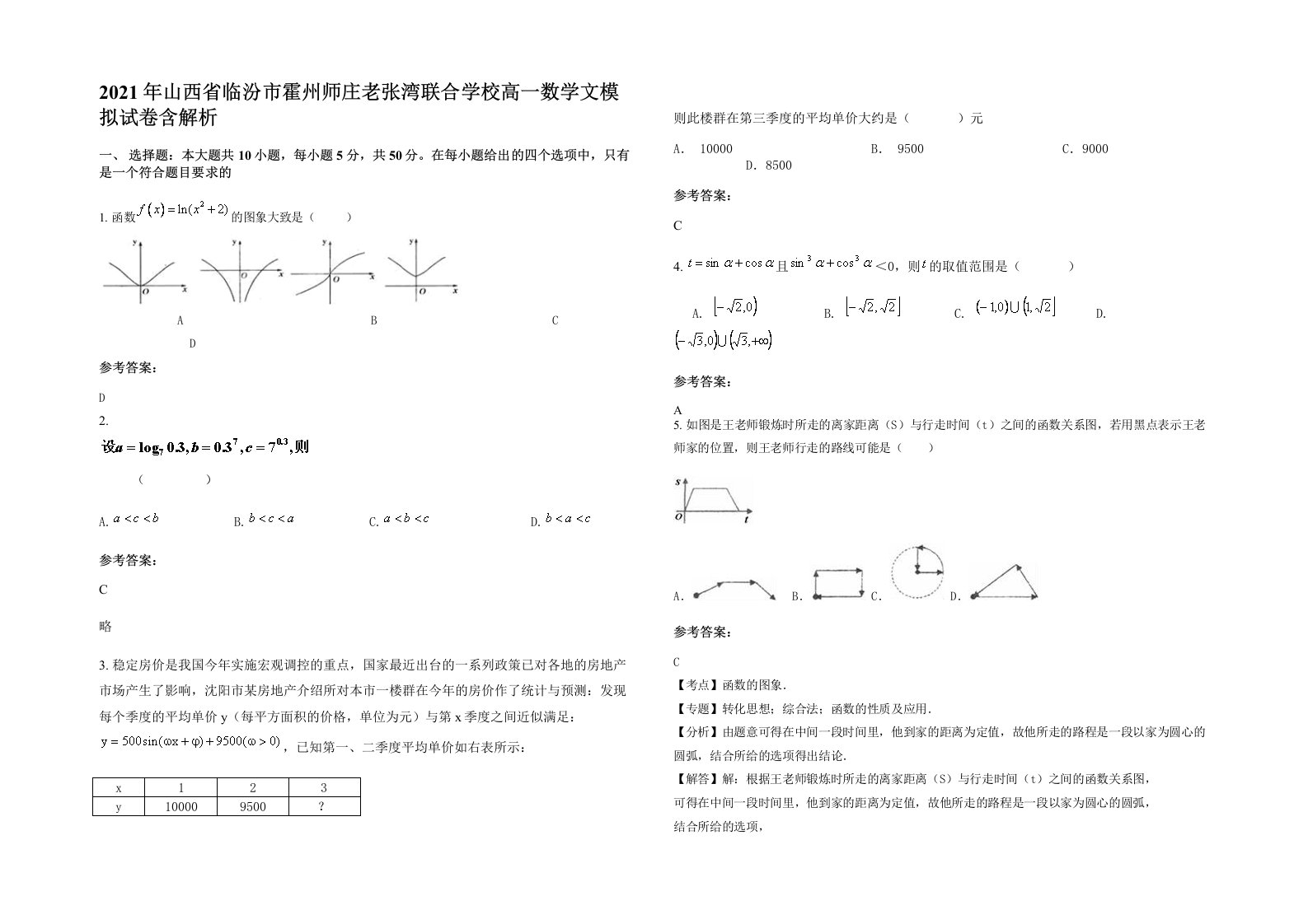 2021年山西省临汾市霍州师庄老张湾联合学校高一数学文模拟试卷含解析