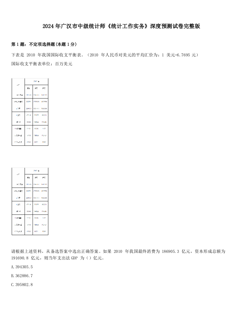 2024年广汉市中级统计师《统计工作实务》深度预测试卷完整版