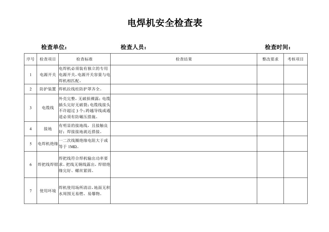 电焊机安全检查表