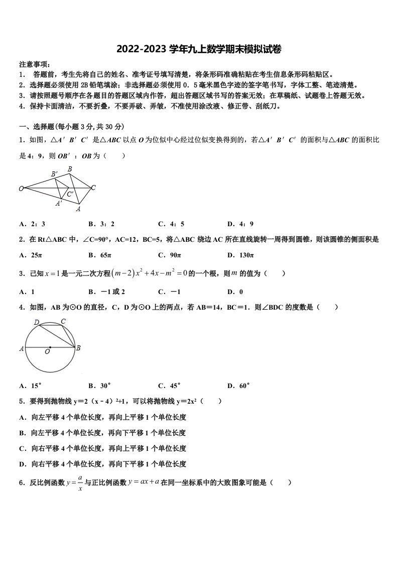 2023届吉林省农安县杨树林中学数学九年级第一学期期末复习检测模拟试题含解析