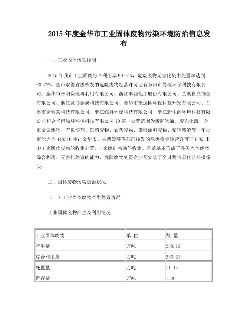 2015年度金华市工业固体废物污染环境防治信息发布