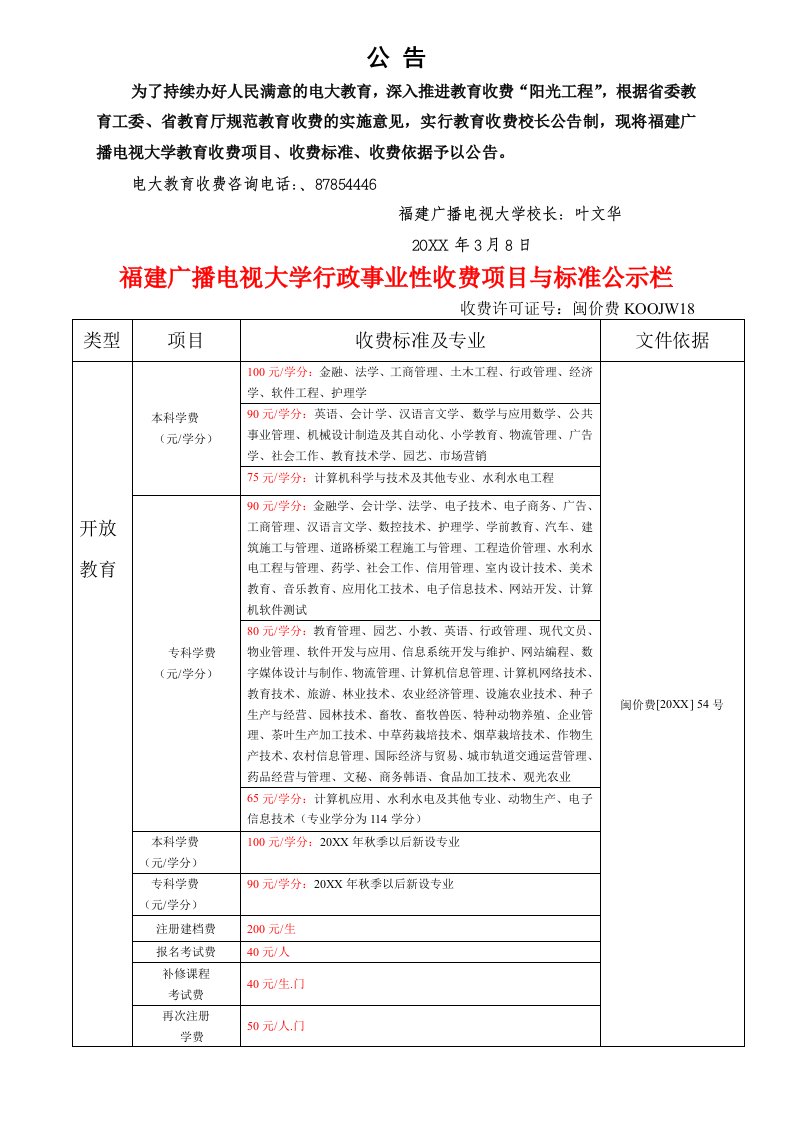 项目管理-福建广播电视大学行政事业性收费项目与标准公示栏