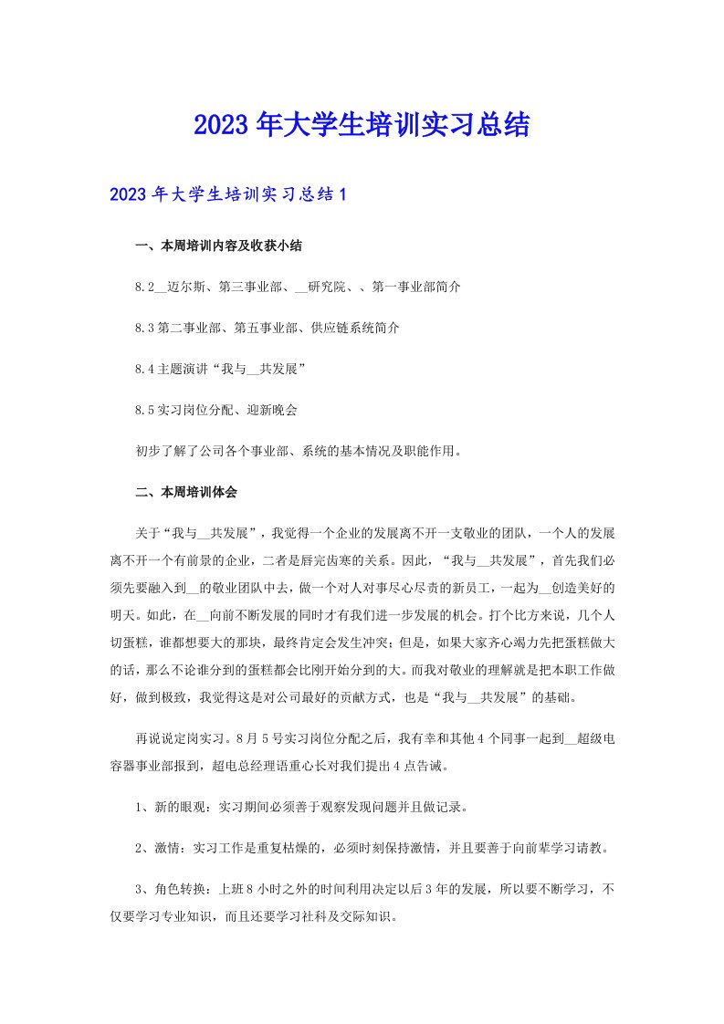 2023年大学生培训实习总结