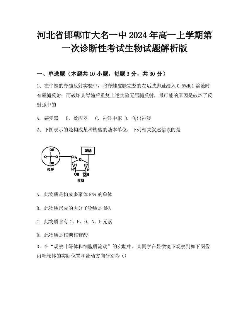 河北省邯郸市大名一中2024年高一上学期第一次诊断性考试生物试题解析版