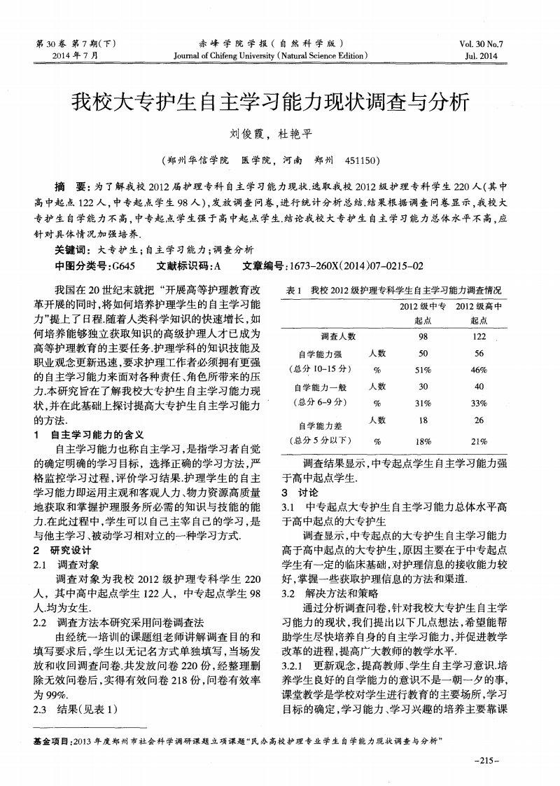 《我校大专护生自主学习能力现状调查与分析-论文》