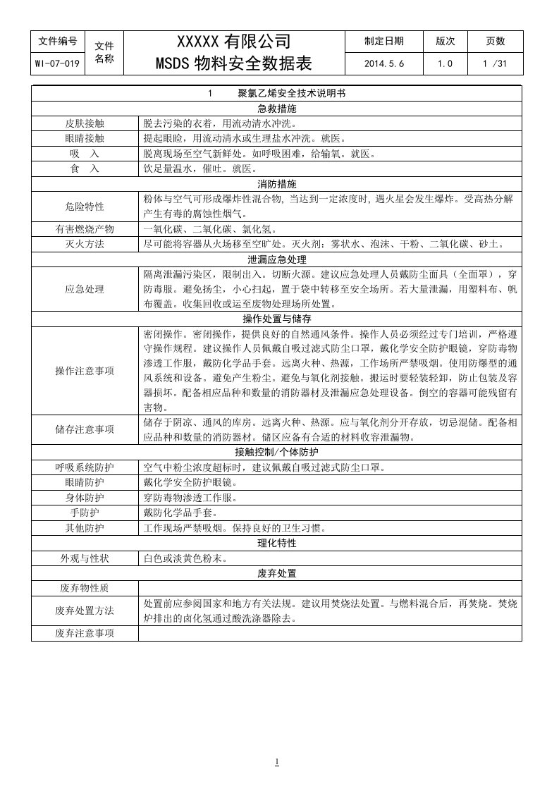 MSDS化学品安全技术说明书