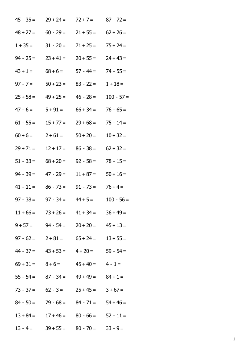 一年级100以内加减法练习题3600道