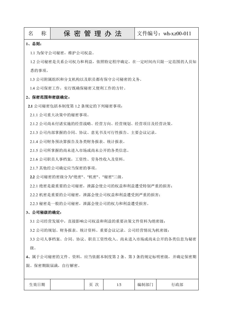 管理制度-某公司行政管理制度汇编之保密管理办法