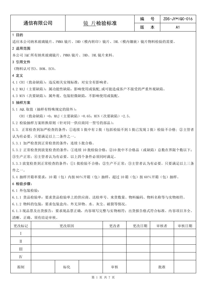 ZDS-JYIQC-016(A1)镜片检验标准