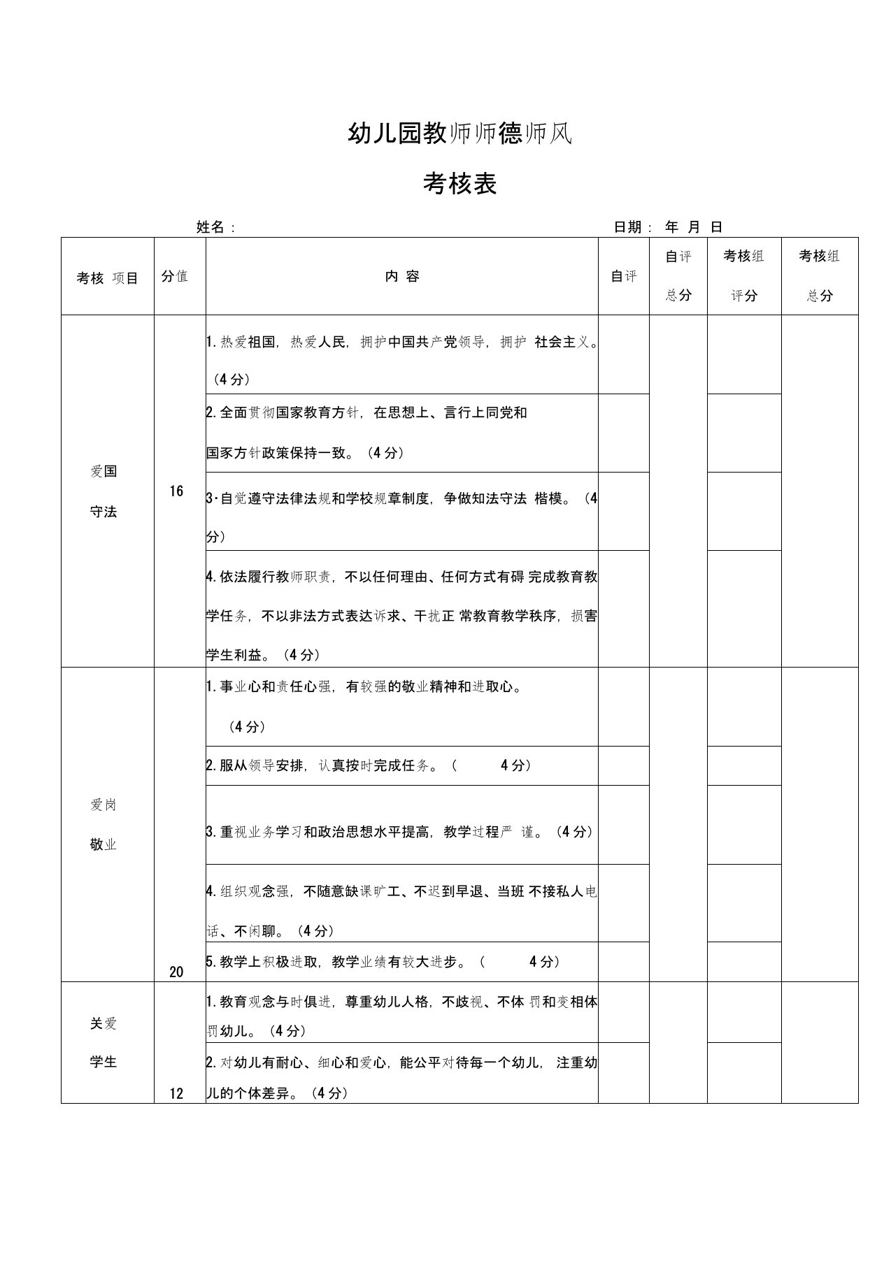 幼儿园教师师德师风考核表