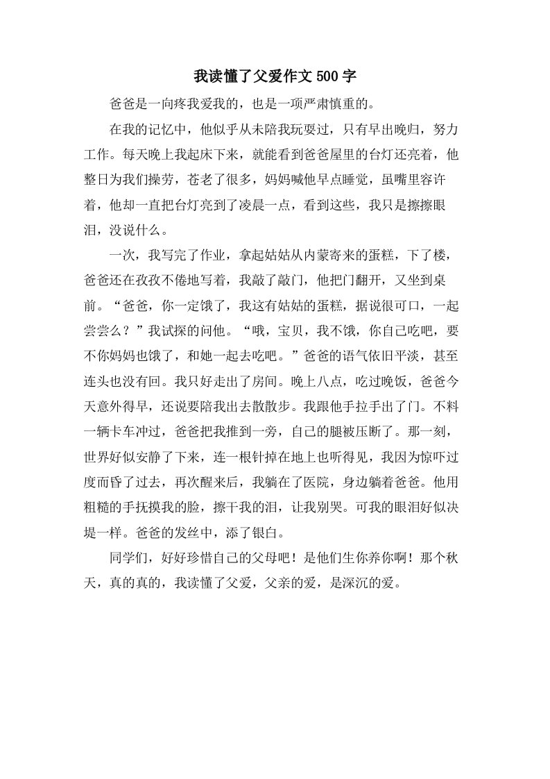 我读懂了父爱作文500字