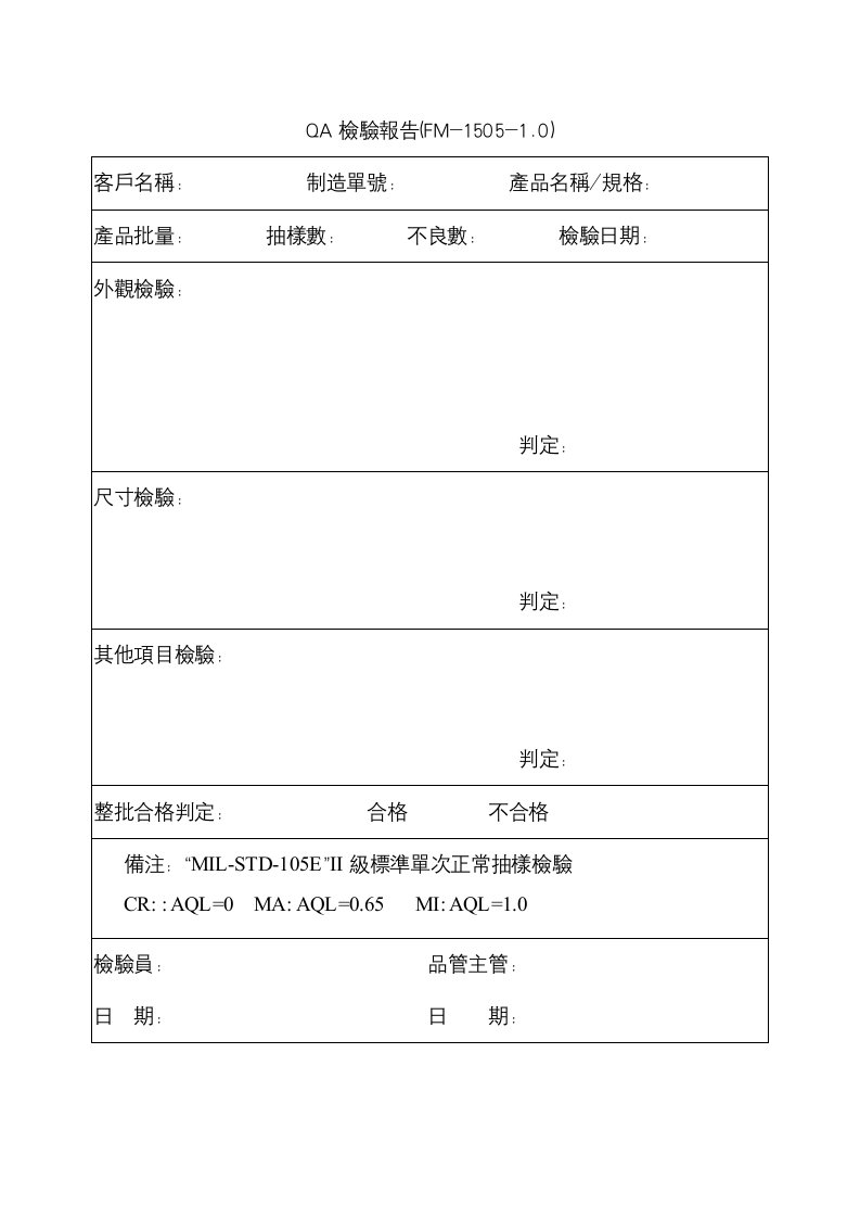 【工厂应用表格】qa檢驗報告