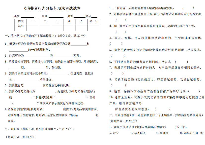 《消费者行为分析》考试题及答案