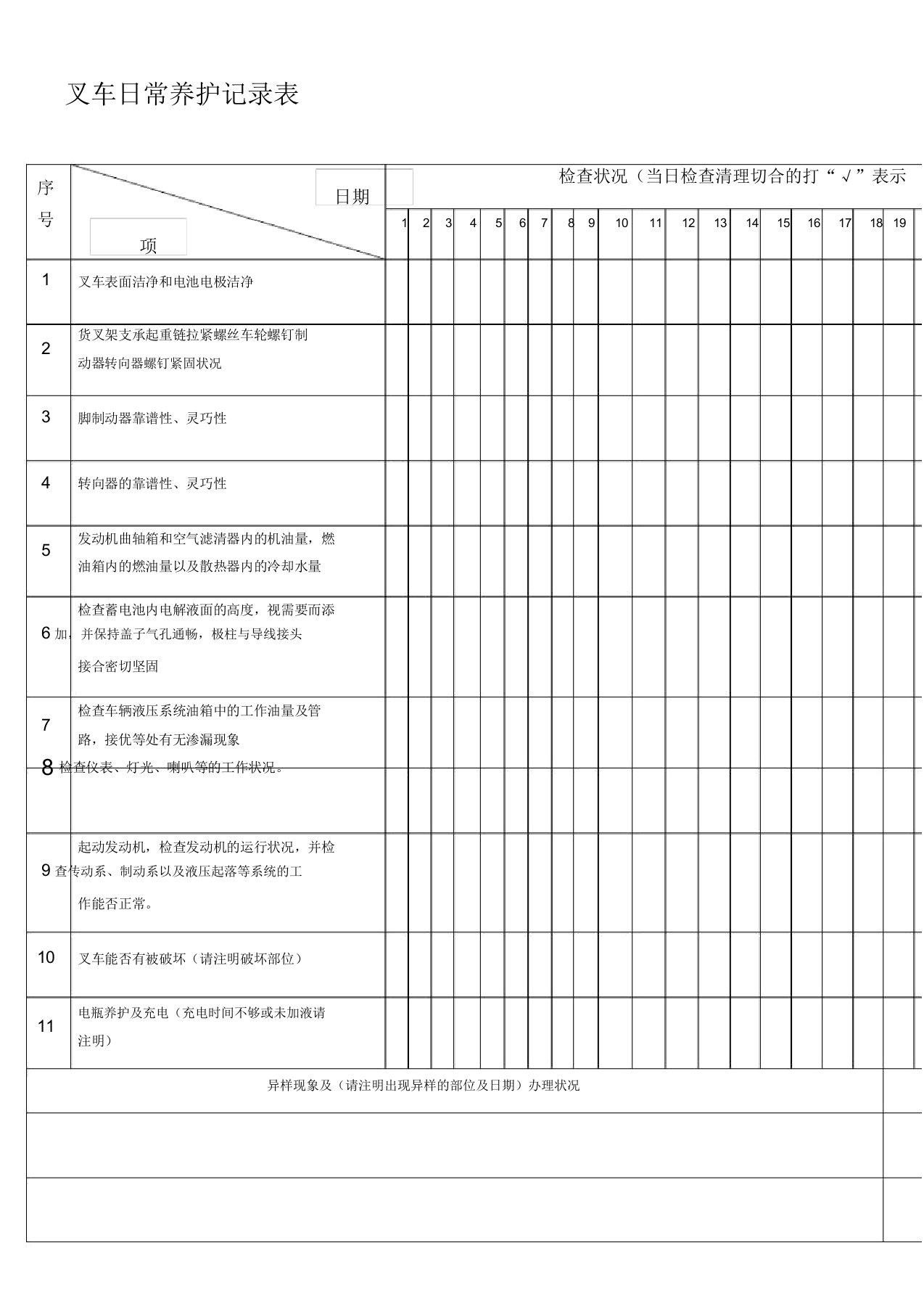 叉车日常保养记录表