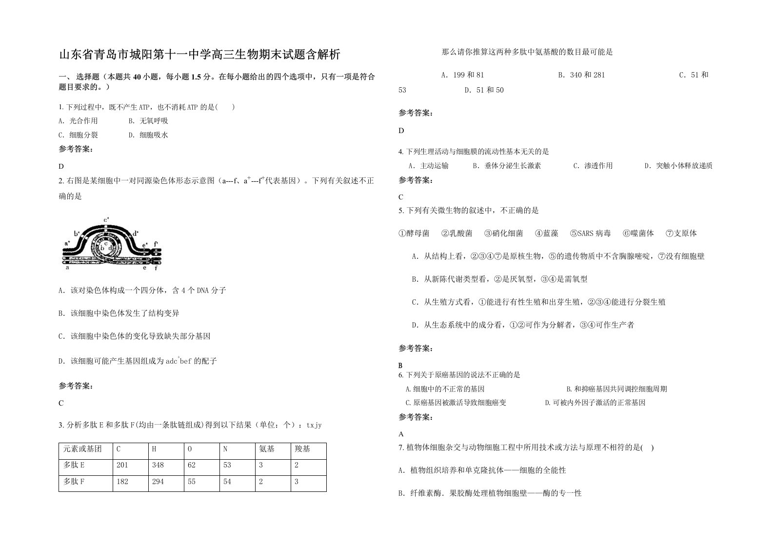 山东省青岛市城阳第十一中学高三生物期末试题含解析