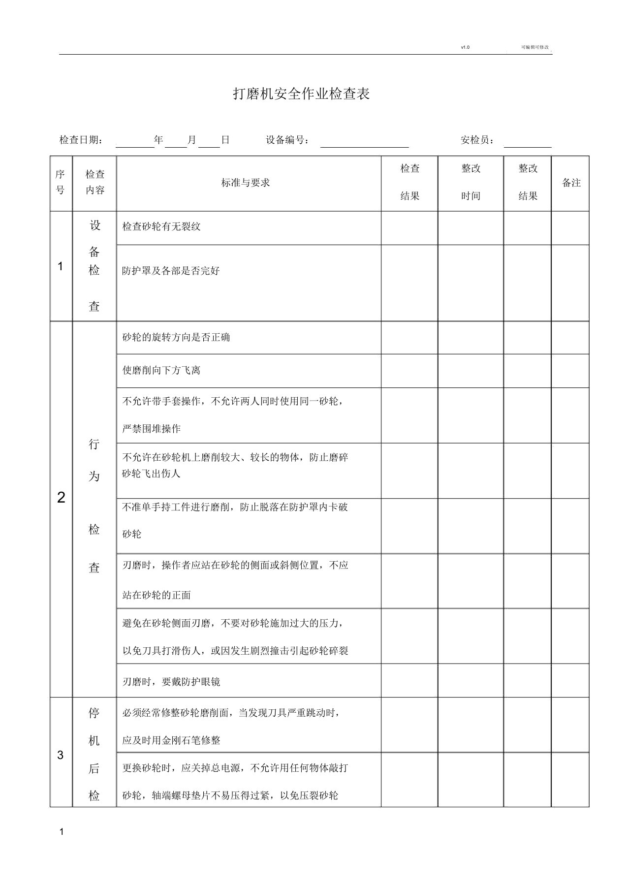 打磨机安全作业检查表