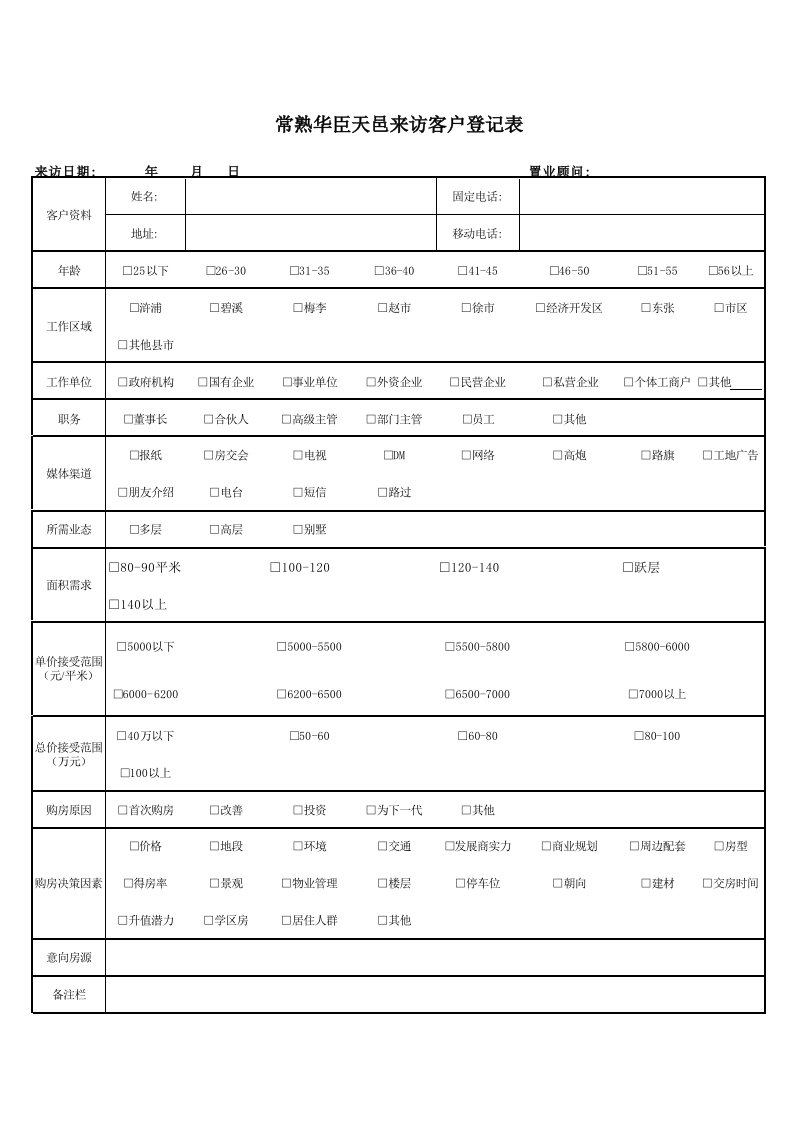 来访客户登记表