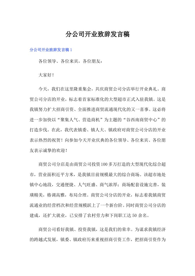 分公司开业致辞发言稿