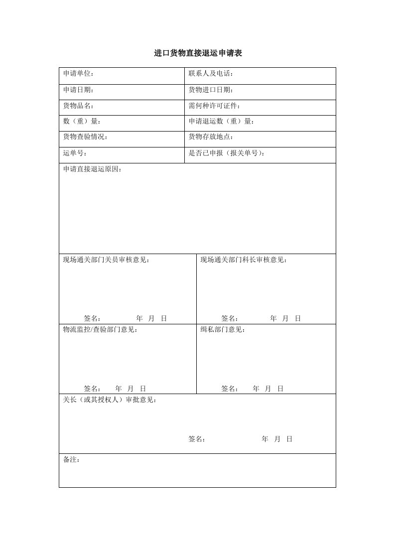 进口货物直接退运申请表