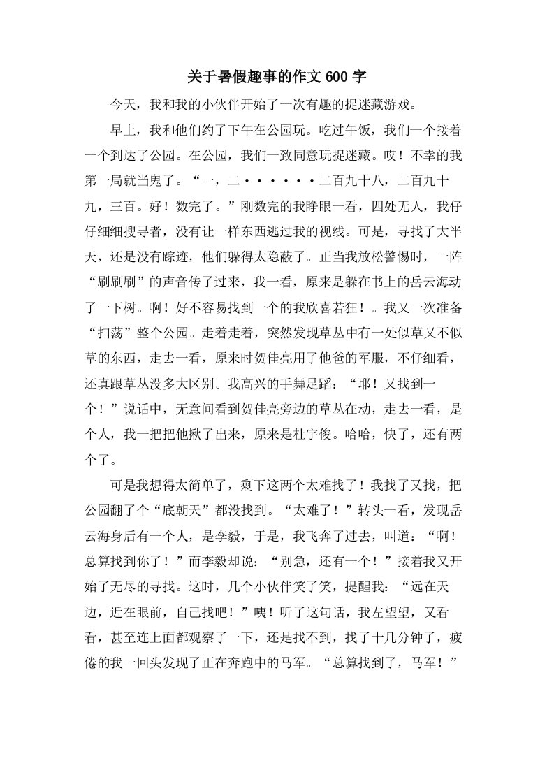 关于暑假趣事的作文600字