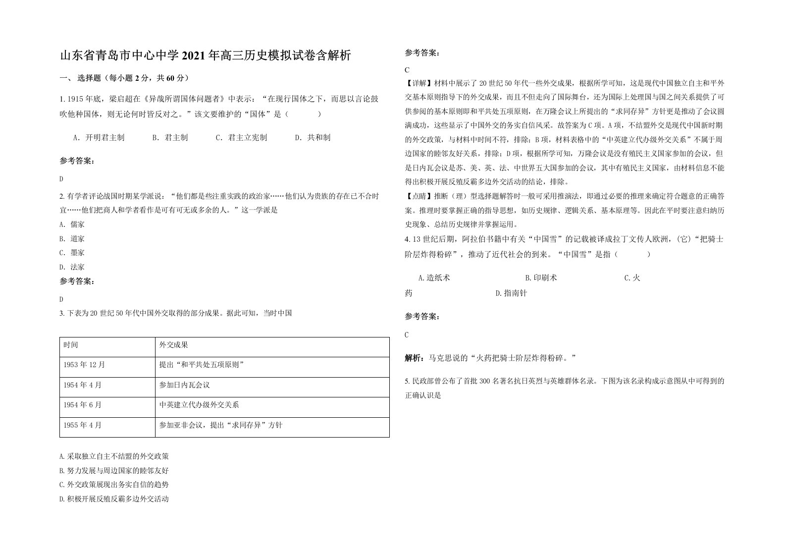 山东省青岛市中心中学2021年高三历史模拟试卷含解析