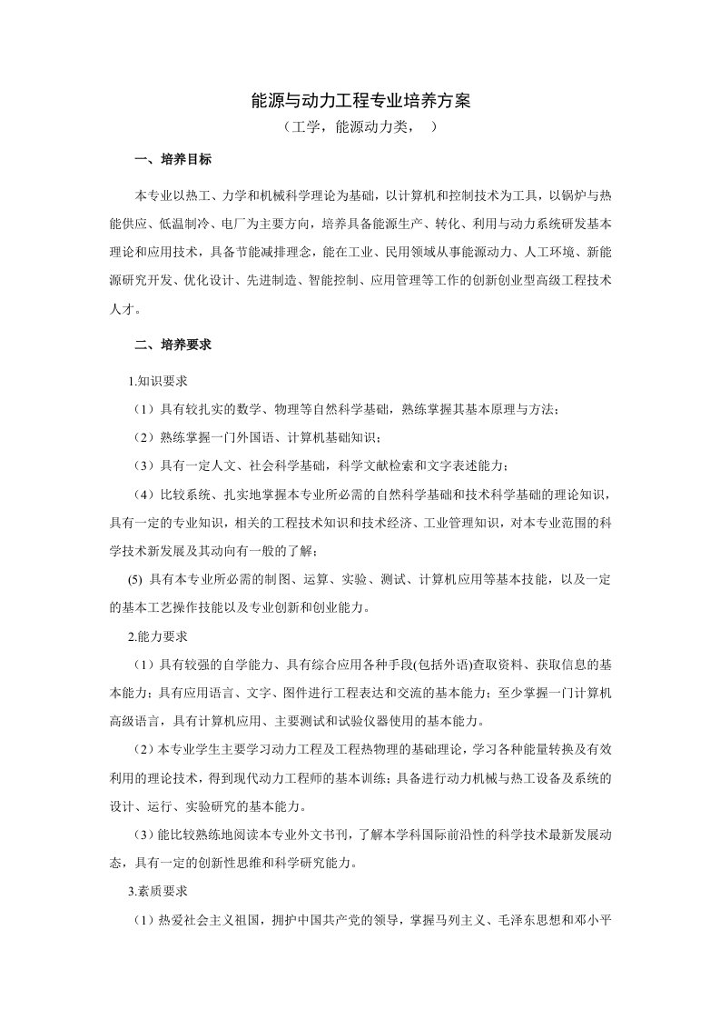 能源与动力工程专业培养方案