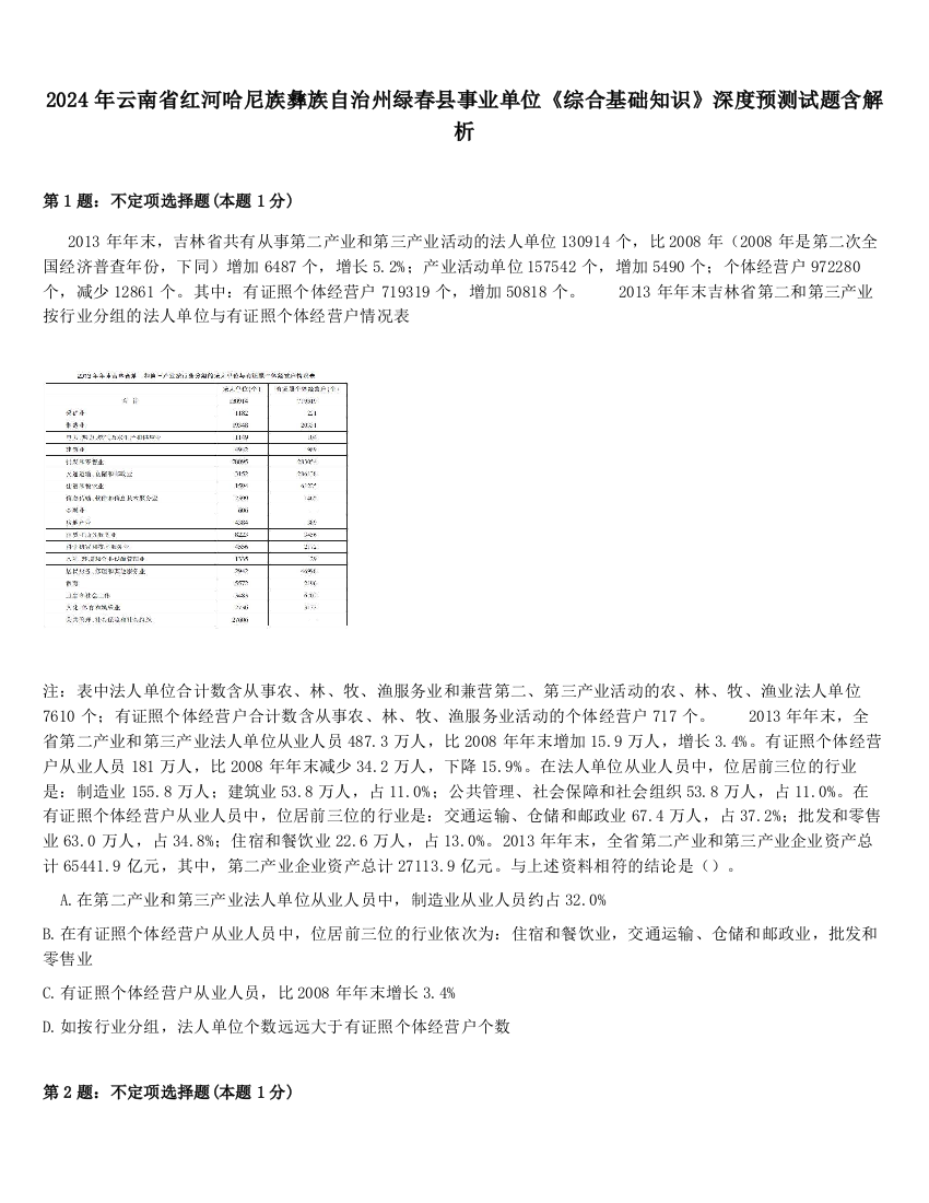 2024年云南省红河哈尼族彝族自治州绿春县事业单位《综合基础知识》深度预测试题含解析