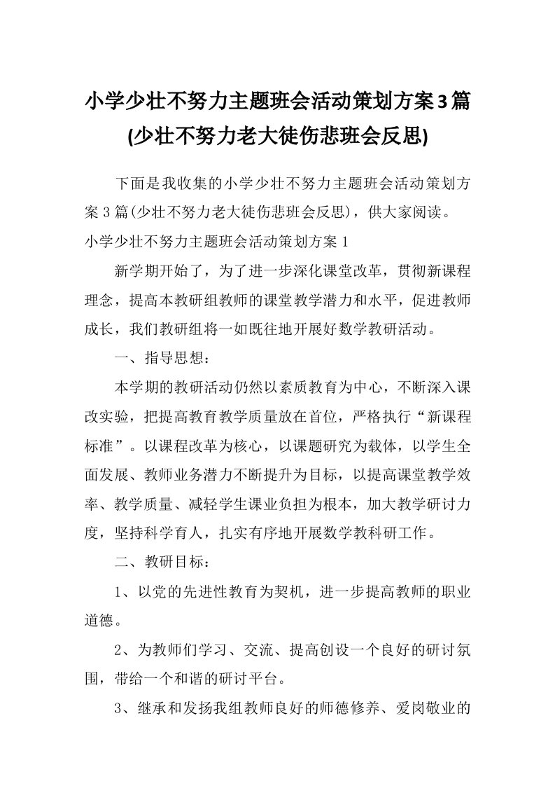 小学少壮不努力主题班会活动策划方案3篇(少壮不努力老大徒伤悲班会反思)