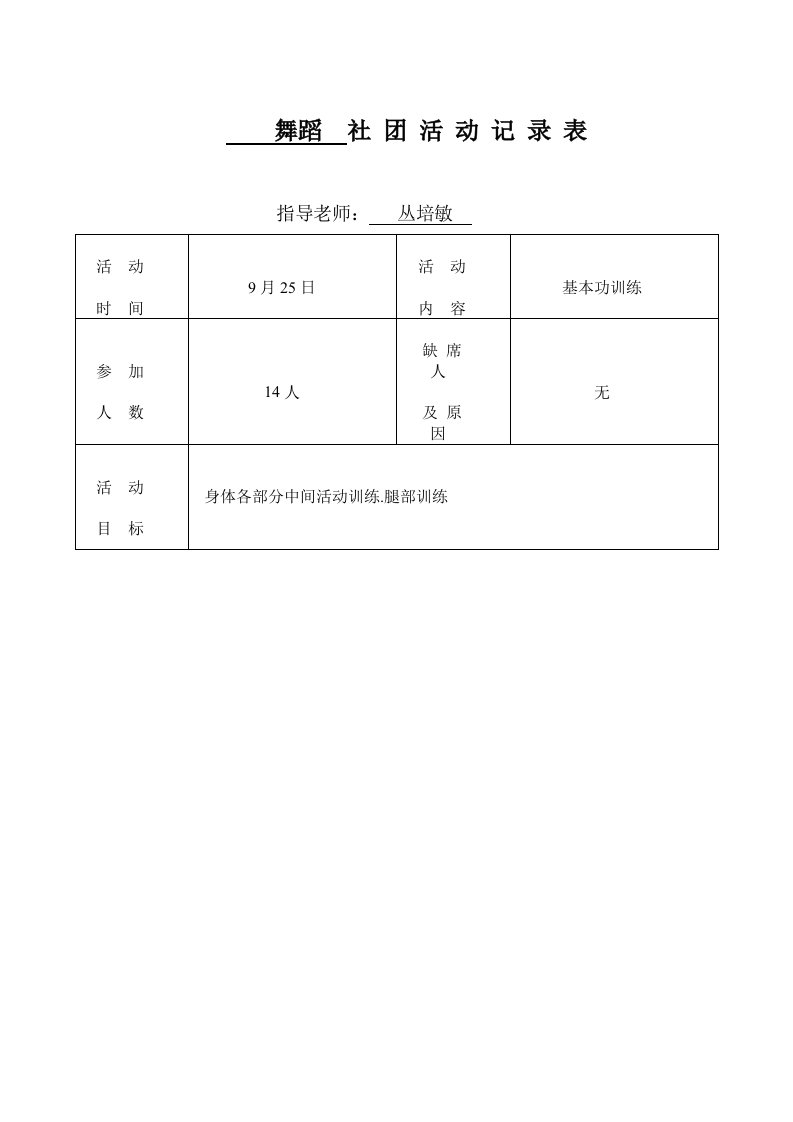 舞蹈社团活动记录表（明细）