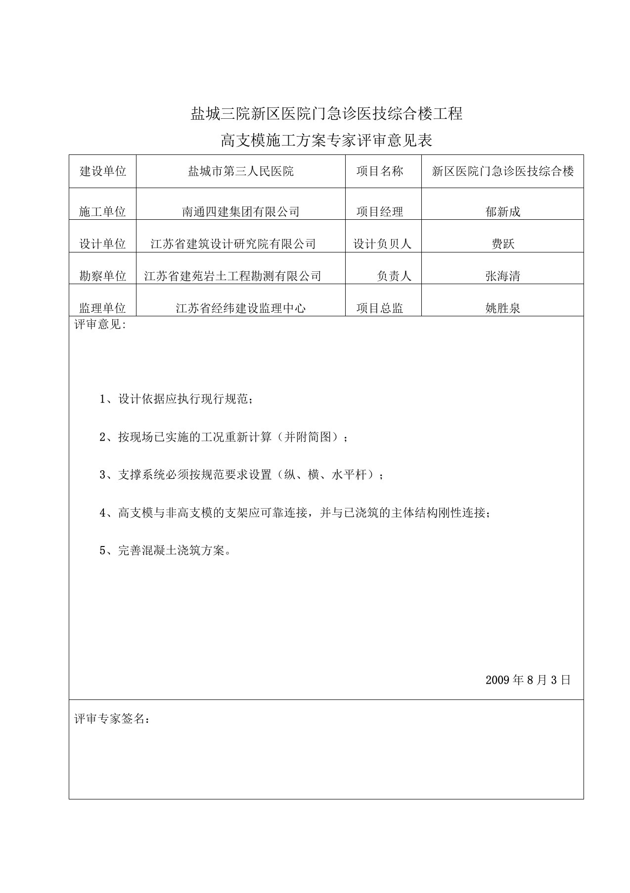 高支模施工方案评审意见表