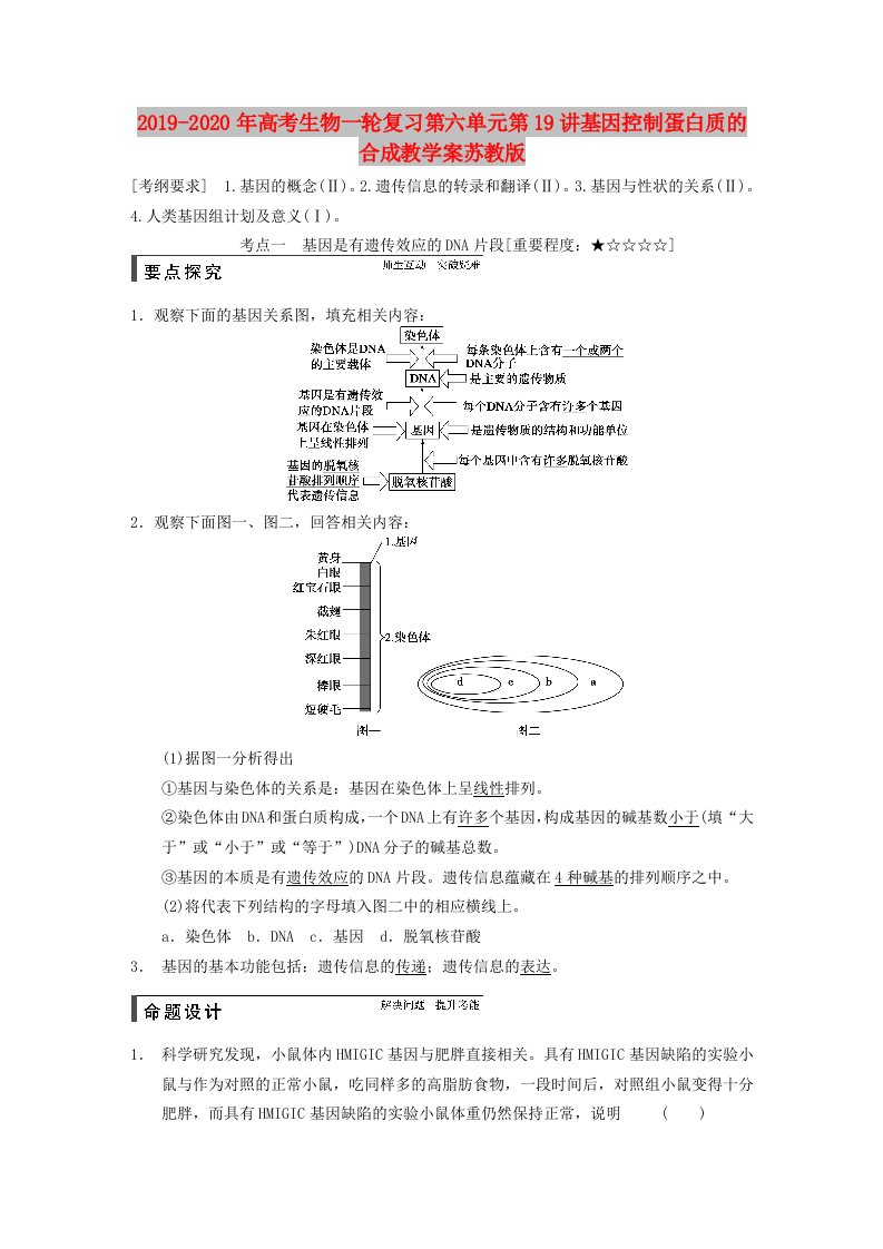 2019-2020年高考生物一轮复习第六单元第19讲基因控制蛋白质的合成教学案苏教版