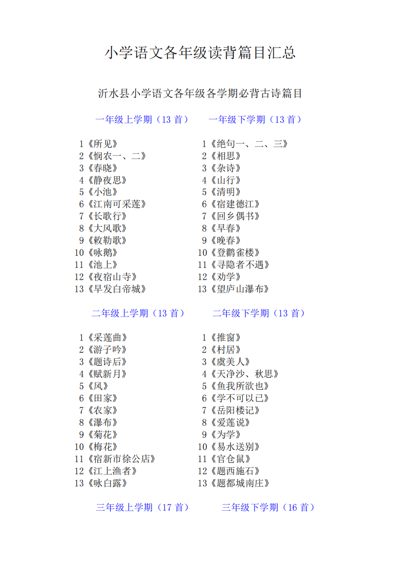 小学语文读背篇目及知识点汇总