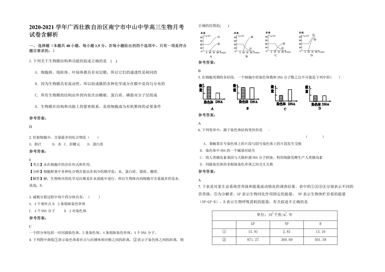 2020-2021学年广西壮族自治区南宁市中山中学高三生物月考试卷含解析