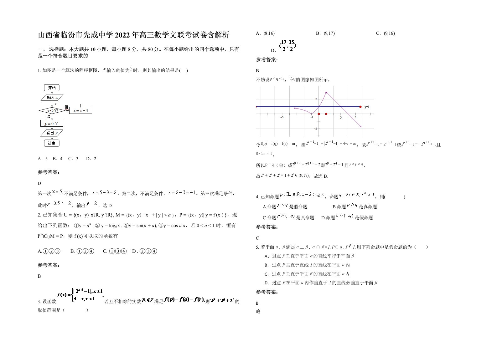 山西省临汾市先成中学2022年高三数学文联考试卷含解析