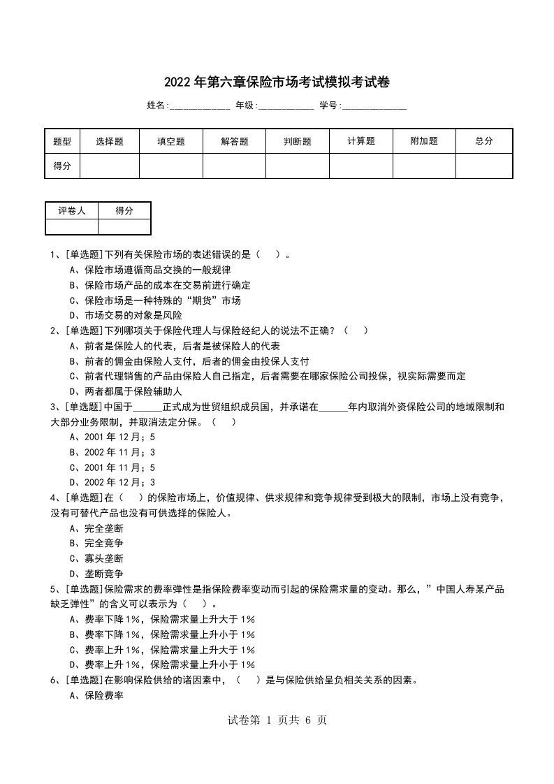 2022年第六章保险市场考试模拟考试卷