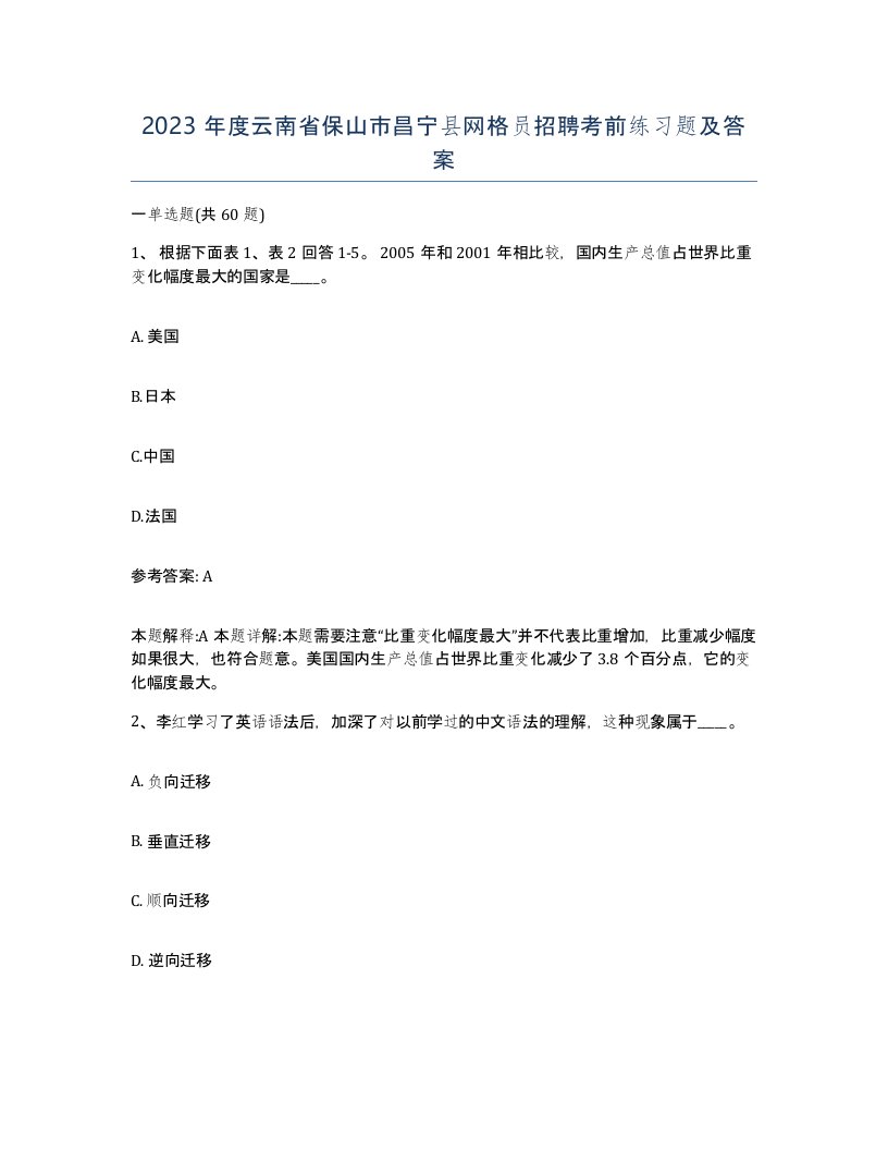 2023年度云南省保山市昌宁县网格员招聘考前练习题及答案