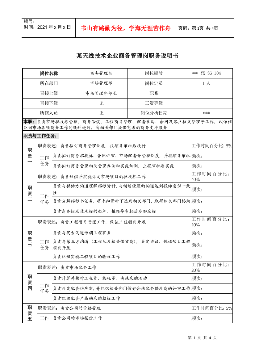 企业商务管理岗职务说明书