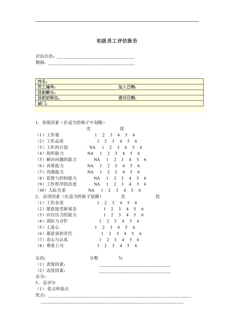 初级员工评估报告