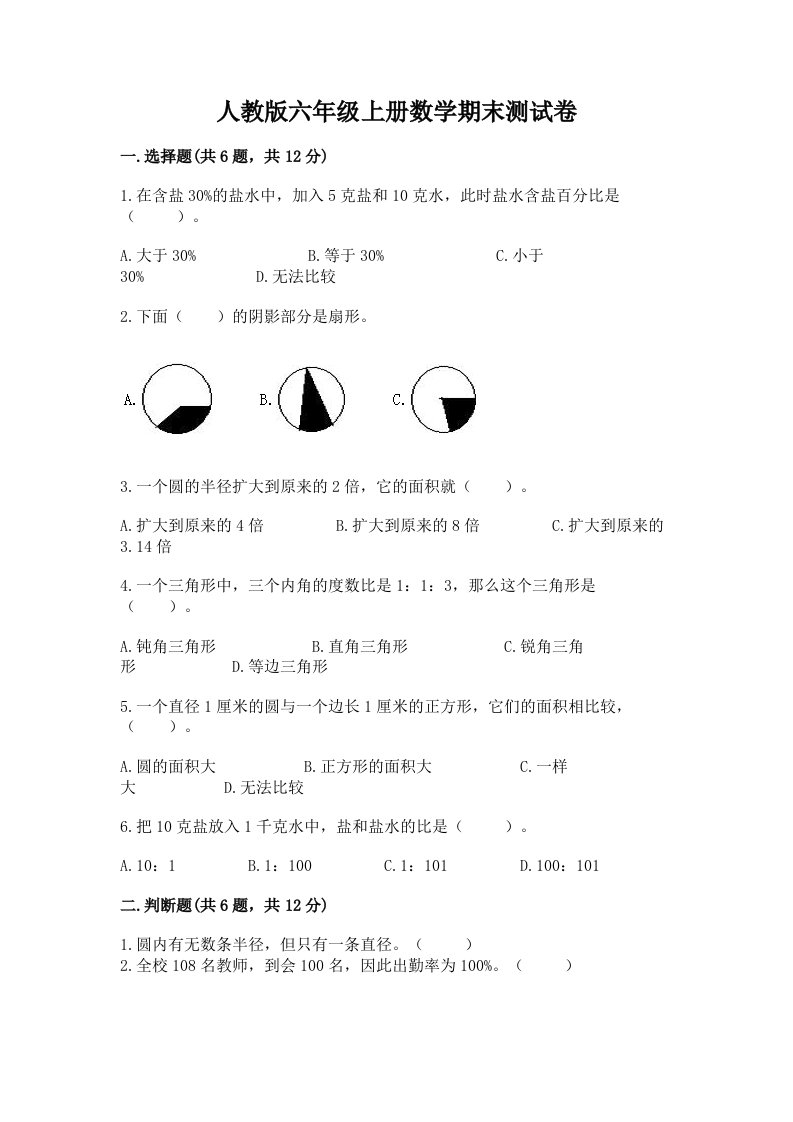 人教版六年级上册数学期末测试卷及答案（历年真题）