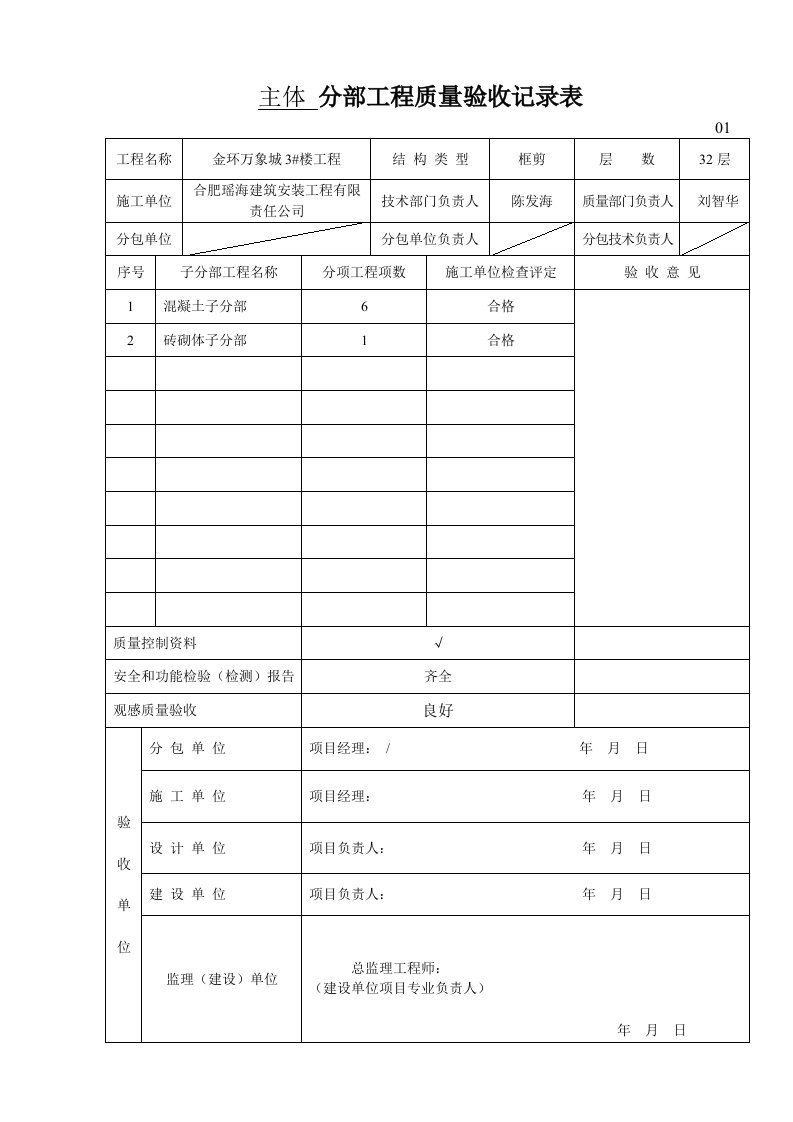 主体分部工程资料分部分项