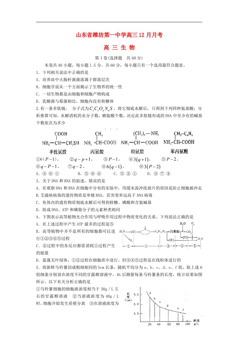 山东省潍坊第一中学高三生物12月月考试题