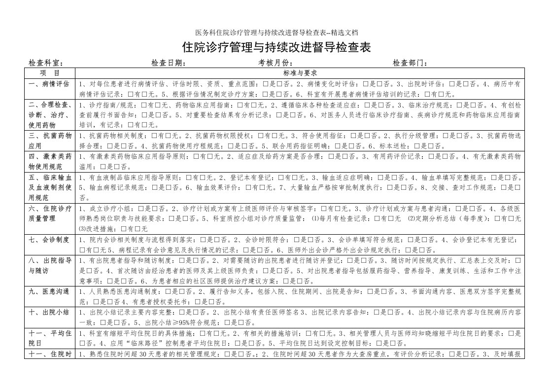 医务科住院诊疗管理与持续改进督导检查表--精选文档