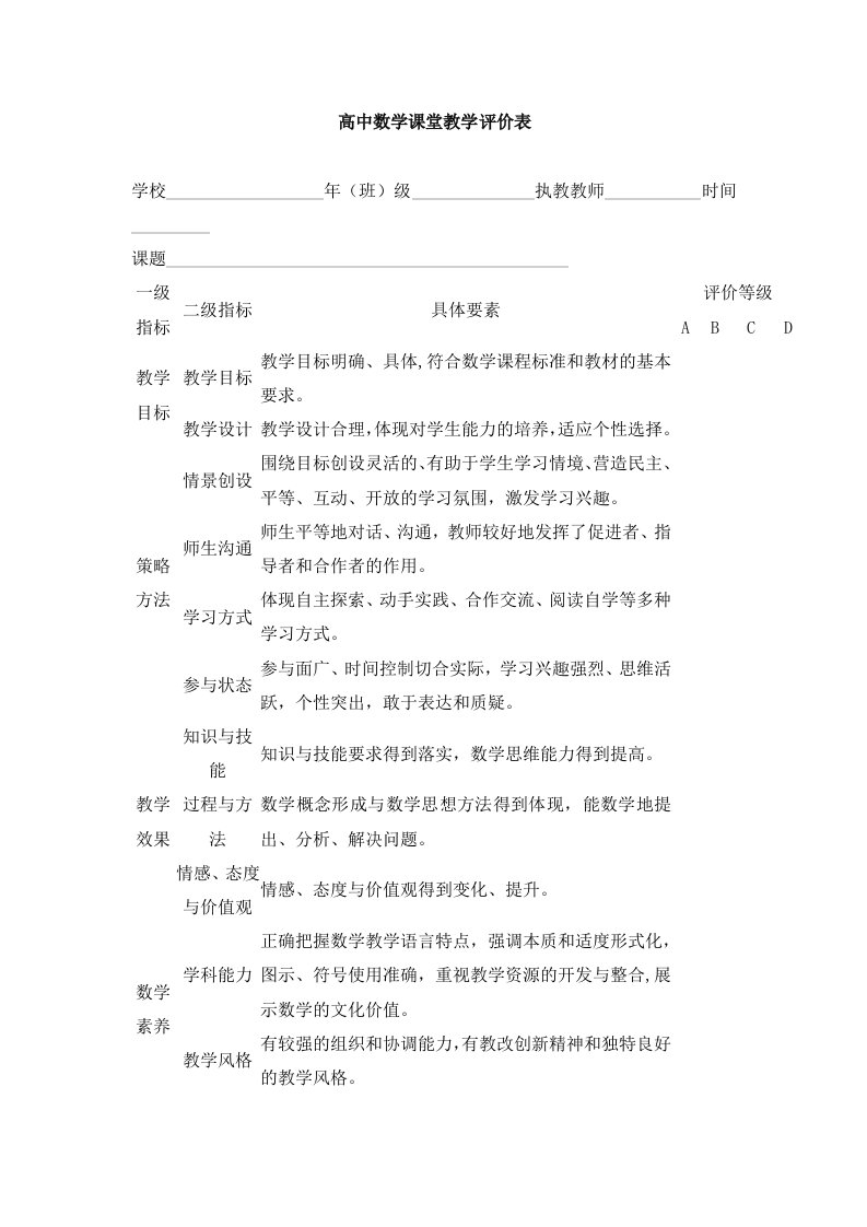 高中数学课堂教学评价表