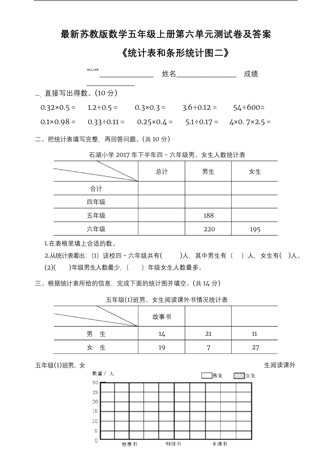 最新苏教版数学五年级上册第六单元测试卷及答案