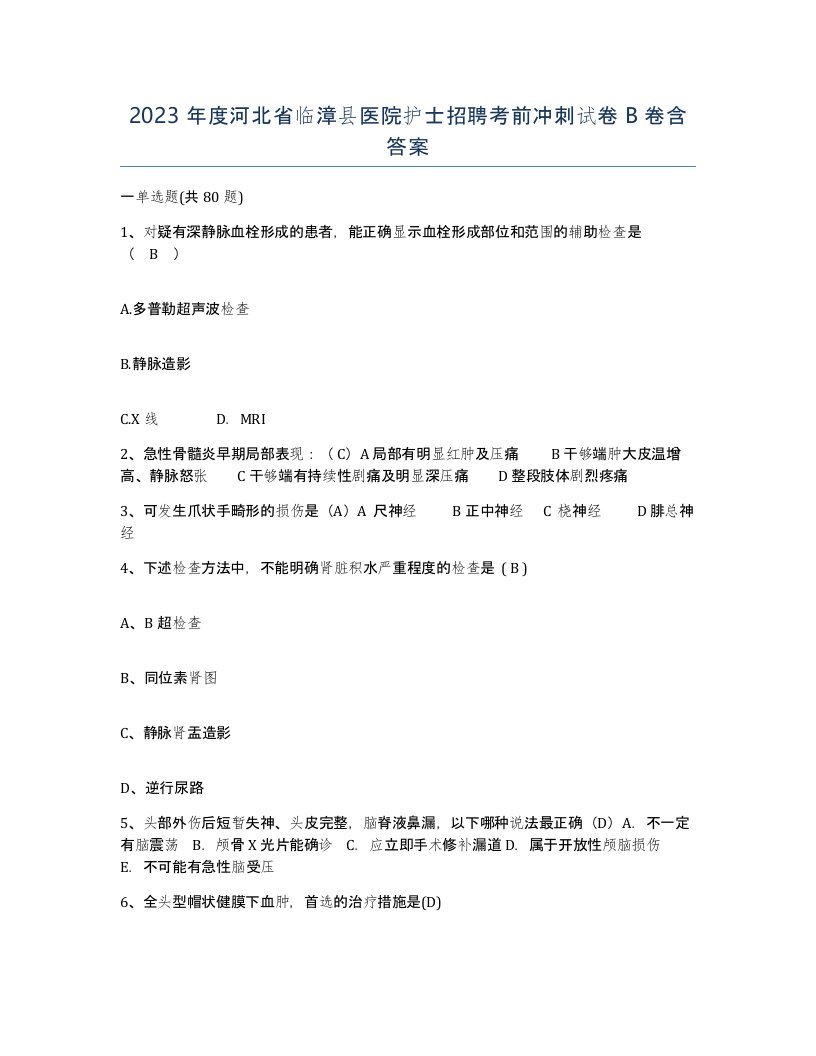 2023年度河北省临漳县医院护士招聘考前冲刺试卷B卷含答案