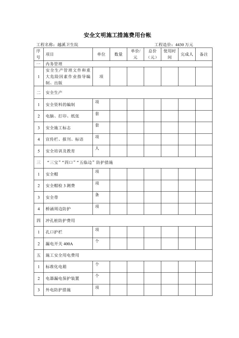 安全文明施工措施费用台账