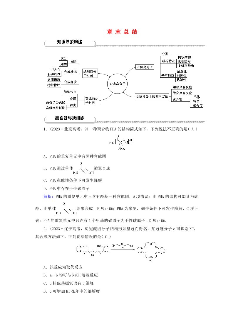 2024春新教材高中化学第5章合成高分子章末总结新人教版选择性必修3